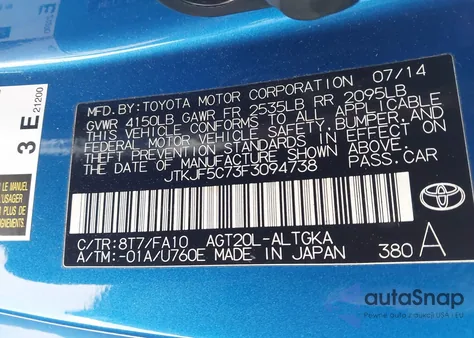 2015 Scion Tc from USA, damaged, VIN JTKJF5C73F3094738